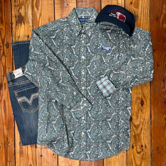 Panhandle Slim Men's Tan and Blue Paisley Long Sleeve Button Up