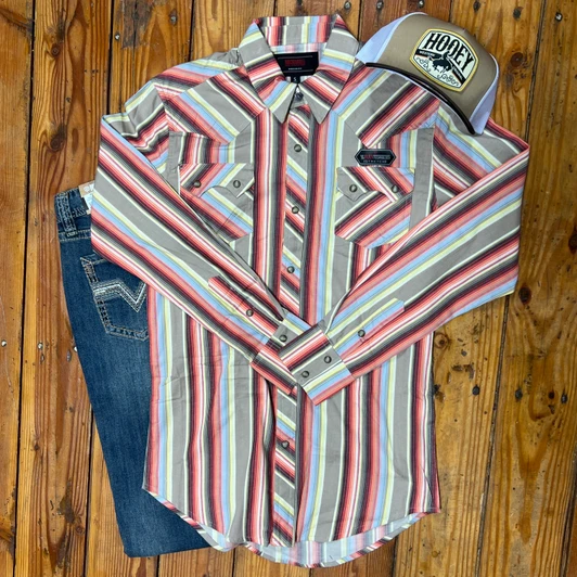 Rock & Roll Men's Brown Vintage Stripe Printed Snap Long Sleeve Shirt BMN2S08309