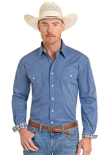 Panhandle Men's Blue Geometric Print Long Sleeve Snap Shirt RMN2S08268