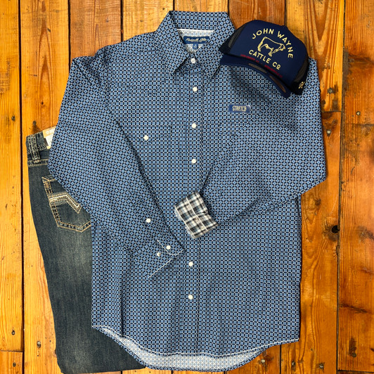 Panhandle Men's Blue Geometric Print Long Sleeve Snap Shirt RMN2S08268