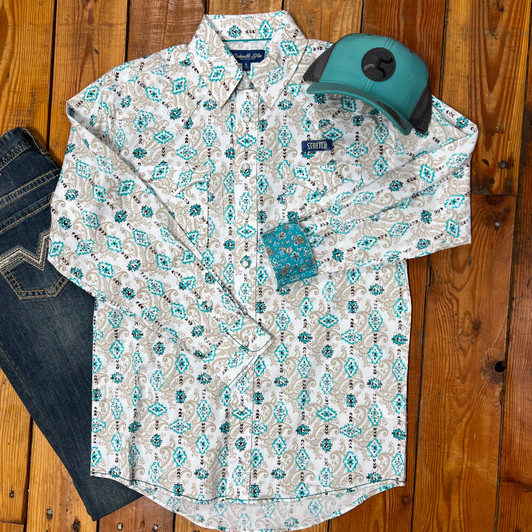 Panhandle Men's Turquoise Aztec Paisley Long Sleeve Snap Shirt