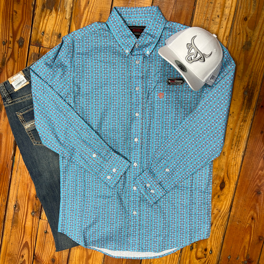 Rock & Roll Men's Aqua Geometric Long Sleeve Button Shirt BMB2S08326