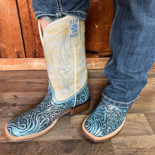 Tin Haul Women's Blue and Cream Charmcut Floral Boots 14-021-0007-1572-BR