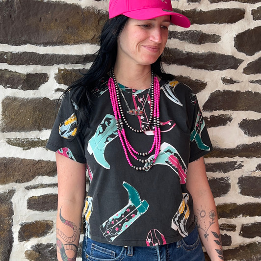 Rock & Roll Ladies Black Boot Print T-Shirt