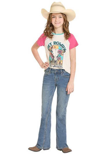 RRock & Roll Girl's Curved Embroidered Medium Wash Bootcut Jeans BG4MD08617