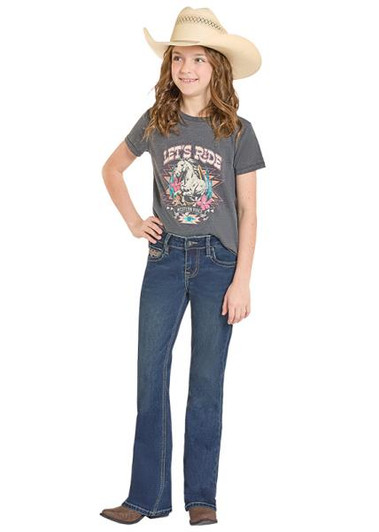 Rock & Roll Girl's Pleather Embroidered Dark Vintage Bootcut Jeans BG4MD08618