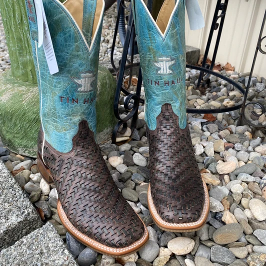 Tin Haul Women's Brown and Turquoise Intertwined Square Toe Boots 14-021-0102-5090 BR