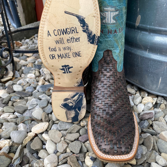 Tin Haul Women's Brown and Turquoise Intertwined Square Toe Boots 14-021-0102-5090 BR