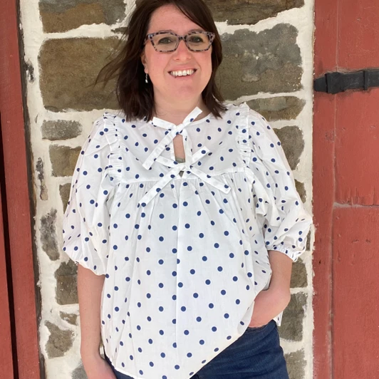 Ladies White & Navy Polka Dot Puff Sleeve Bow Blouse