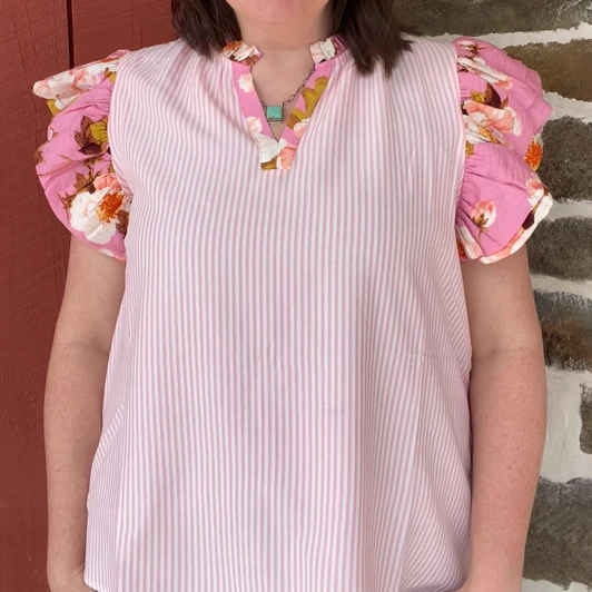 Ladies Pink Stripe Floral Ruffle Sleeve Blouse
