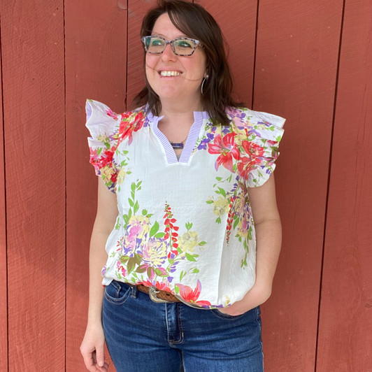 Ladies Floral Double Ruffle Sleeve Blouse