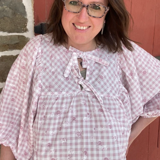 Ladies Pink Gingham Puff Sleeve Bow Tie Blouse