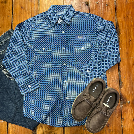 Panhandle Boy's Blue Geometric Long Sleeve Snap Shirt RBN2S08268