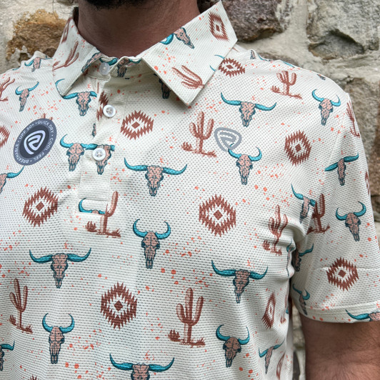 Rock & Roll Men's Cream Skull Aztec Printed Mesh Polo BM51T08359