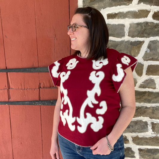 Ladies Red and Ivory Flame Patch Ruffle Blouse