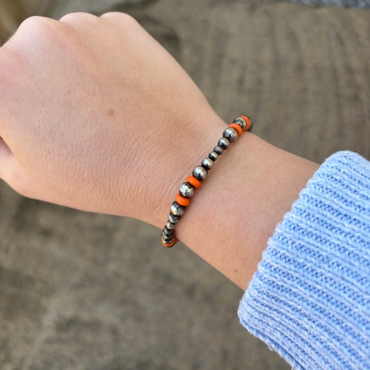Mixed Faux Navajo Pearl & Orange Bead Stretch Bracelet BB04160-SBOR