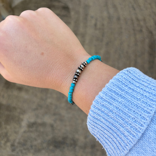 Mixed Turquoise & Faux Navajo Pearl Stretch Bracelet BB04161-SBTQ-3