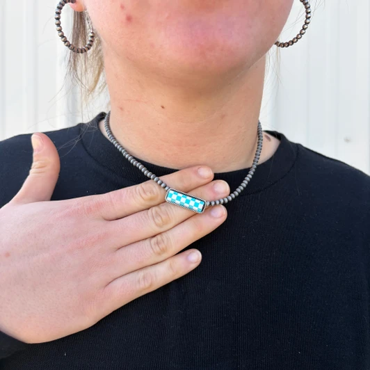 Faux Navajo & Light Blue Checkered Pendant Choker AN4887-SBLB