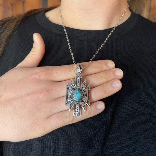 Silver & Turquoise Aztec Pendant Necklace AN5248-SBTQ
