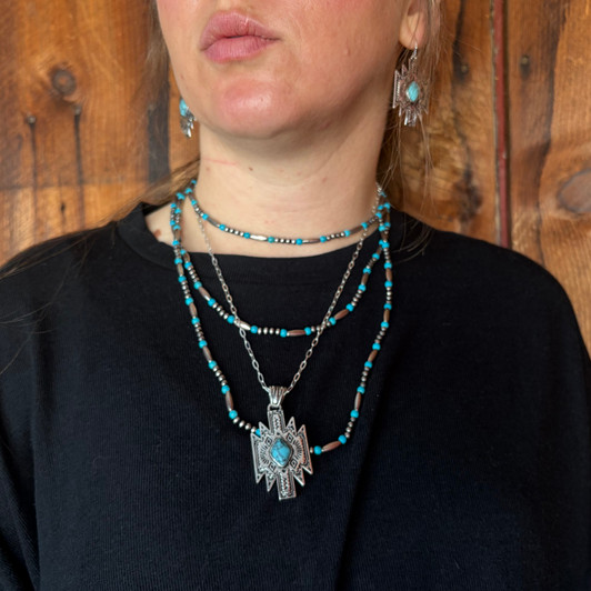 Silver & Turquoise Aztec Pendant Necklace AN5248-SBTQ