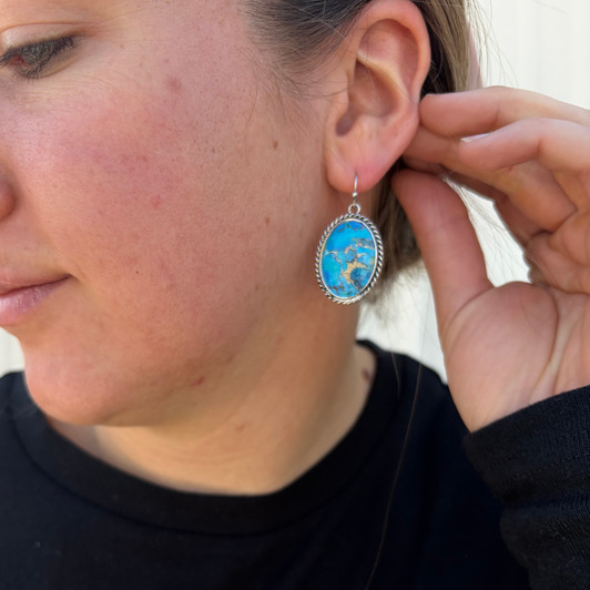 Turquoise Rope Border Oval Dangle Earrings AE9062-SBTQ