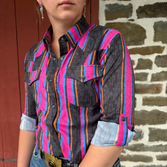 Rock & Roll Ladies Pink & Blue Striped Tek Ripstop Snap Shirt BWN2S08684