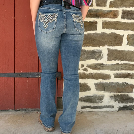 Rock & Roll Ladies Mid Rise Aztec Embroidered Bootcut Jeans BW4MD06378
