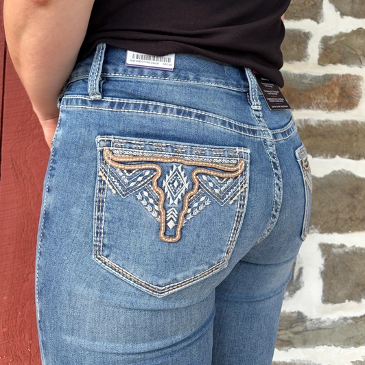 Rock & Roll Ladies Mid Rise Steer Head Bootcut Jeans BW4MD07190