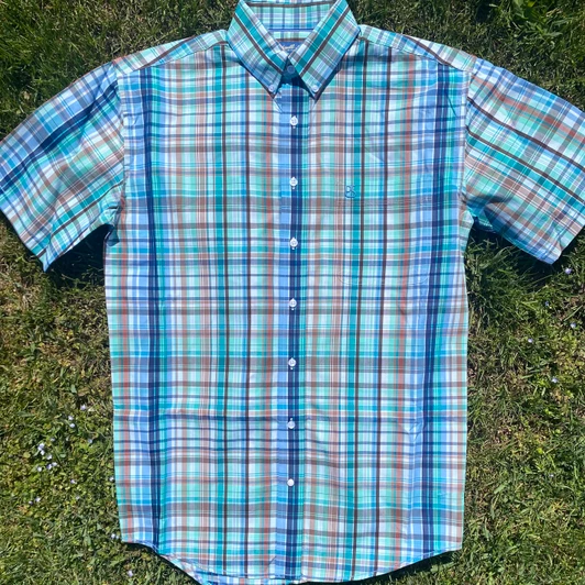 Panhandle Men‘s Turquoise Plaid Short Sleeve One Pocket Button Shirt RMB3S08918
