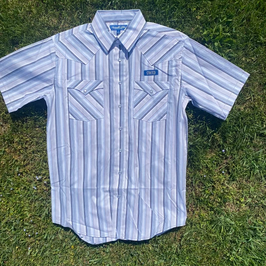 Panhandle Men's Short Sleeve Sky Blue Stripe Two Pocket Snap Shirt  RMN3S08925