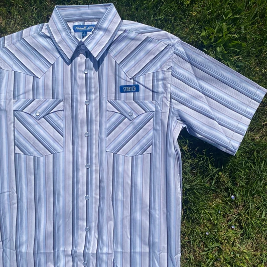 Panhandle Men's Short Sleeve Sky Blue Stripe Two Pocket Snap Shirt  RMN3S08925