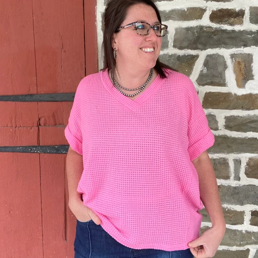 Andree Ladies Pink V Neck Crochet Knit Poncho Top MHS97-P