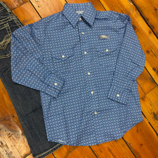 Panhandle Boy's Navy Diamond Print Long Sleeve Snap Shirt RBN2S08924
