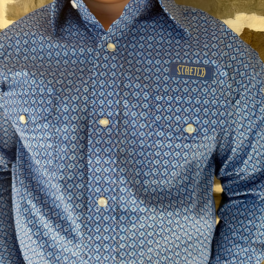 Panhandle Boy's Navy Diamond Print Long Sleeve Snap Shirt RBN2S08924