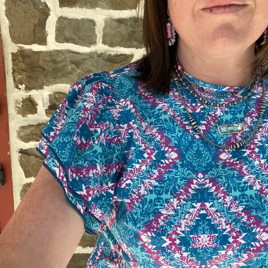 Ladies Jade Aztec Print Flutter Sleeve Blouse