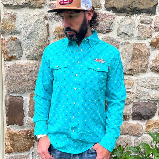 Rock & Roll Men's Turquoise Aztec Print TEK Long Sleeve Snap Shirt BMN2S08695