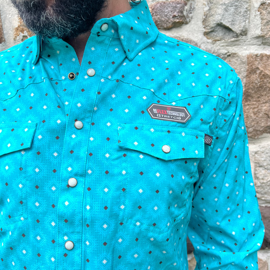Rock & Roll Men's Turquoise Aztec Print TEK Long Sleeve Snap Shirt BMN2S08695