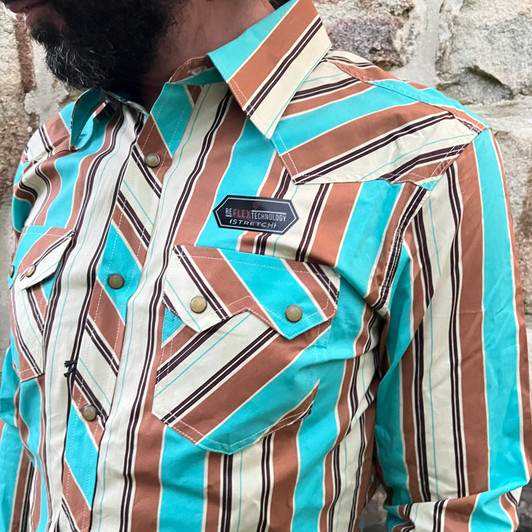 Rock & Roll Men's Teal & Brown Stripe Long Sleeve Snap Shirt BMN2S08652