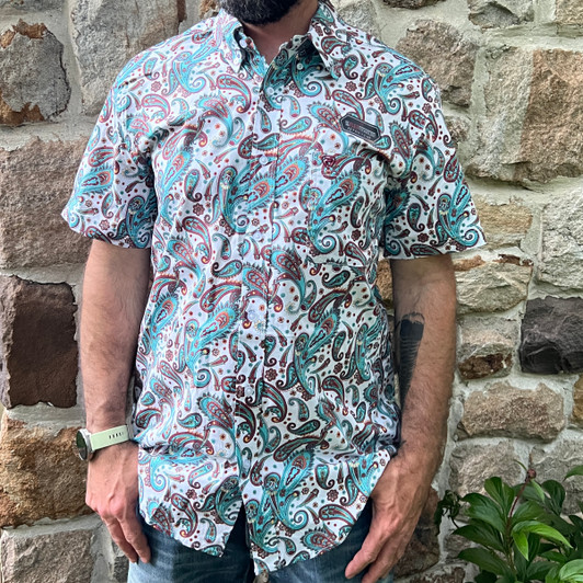 Rock & Roll Men's Teal Paisley Short Sleeve Button Shirt BMB3S08649
