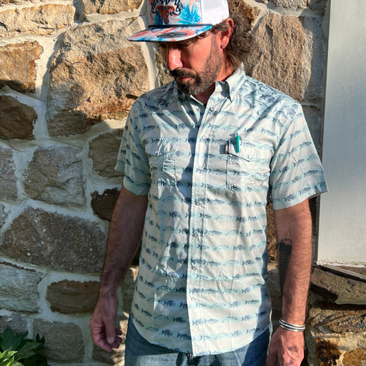 Hooey Men's Blue Fish Short Sleeve Snap Shirt HT2621LTBL