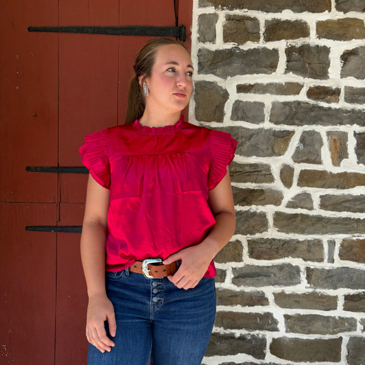 Ladies Red Satin Pleated Ruffle Top TO1230-RED