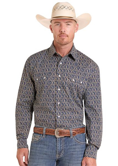 Panhandle Men's Indigo Cactus Print Long Sleeve Snap Shirt PMN2S08907