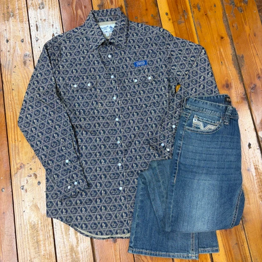 Panhandle Men's Indigo Cactus Print Long Sleeve Snap Shirt PMN2S08907
