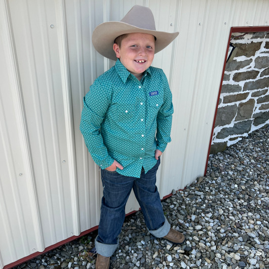 Panhandle Boy's Turquoise Printed Long Sleeve Snap Shirt RBN2S08919