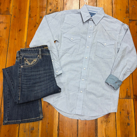 Panhandle Men's Powder Blue Paisley Long Sleeve Snap Shirt RMN2S08916
