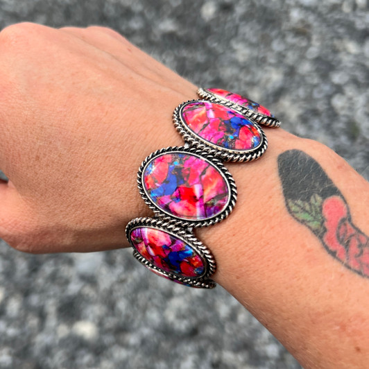 Faux Pink Dahlia Oval Stretch Bracelet
