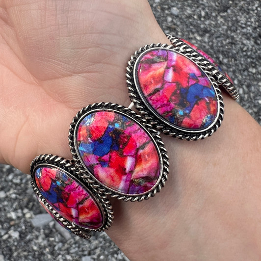 Faux Pink Dahlia Oval Stretch Bracelet