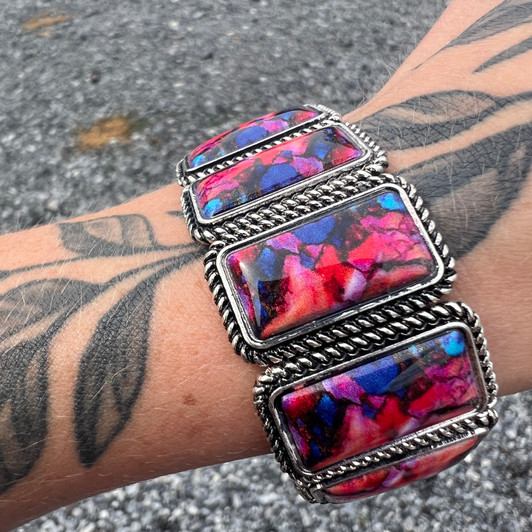 Faux Pink Dahlia Rectangle Stretch Bracelet