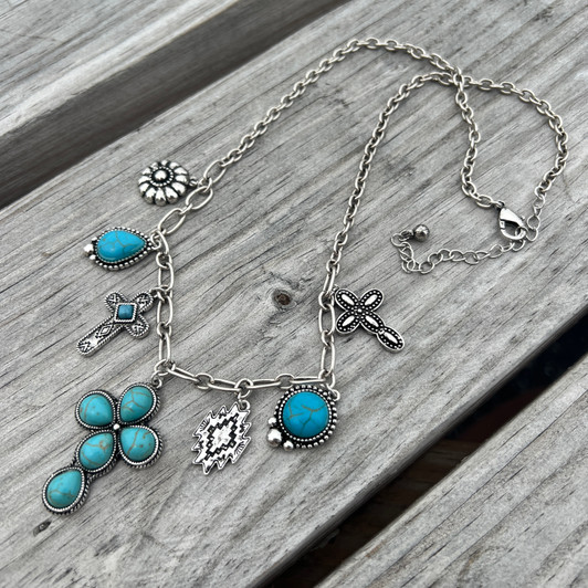 Faux Turquoise Cross Charm Necklace