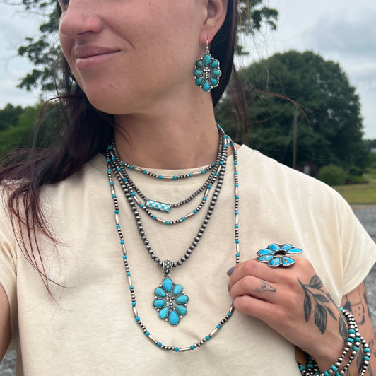 Faux Turquoise Cluster with Cross Pearl Necklace